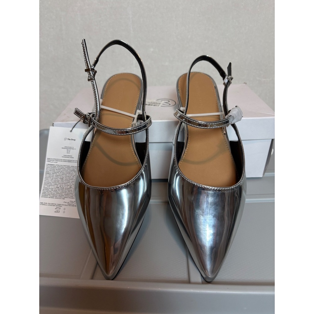 The Drop Tammie Silver Crackle Pointed Toe Slingback Flat Shoes Size 10 chrome